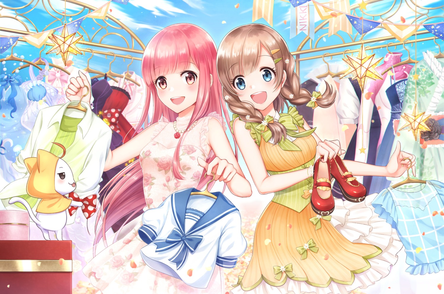 bobo_(miracle_nikki), dress, miracle_nikki, momo_(miracle_nikki), mugi_(iccomae), nikki_(miracle_nikki)