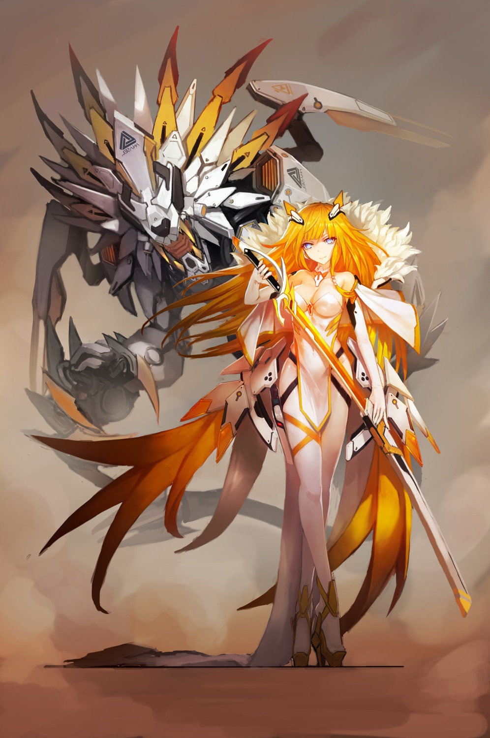 cleavage, heels, mecha, mecha_musume, sword, zhuore_zhi_hen