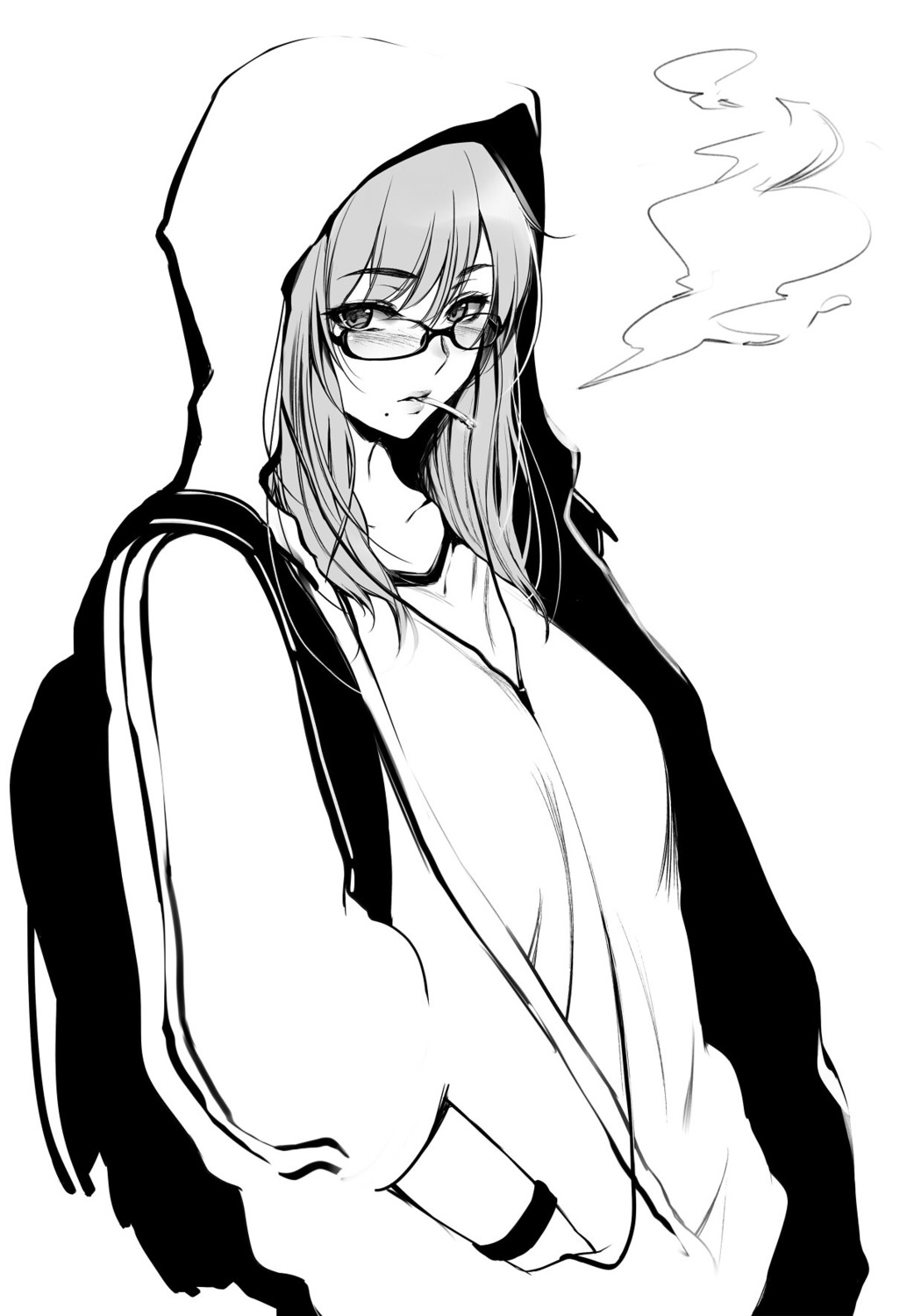 megane, monochrome, smoking, warabino_matsuri