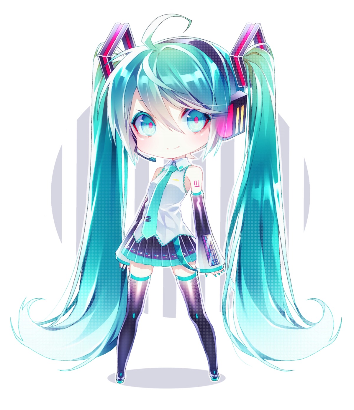 1055, chibi, hatsune_miku, headphones, tattoo, thighhighs, vocaloid