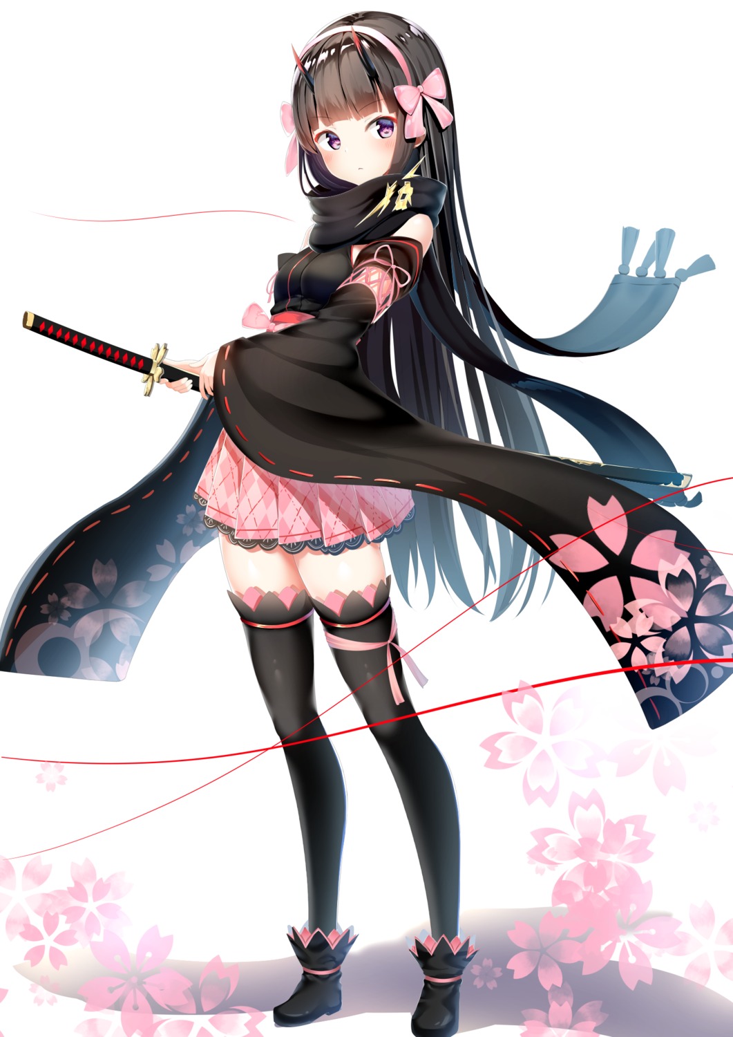 horns, japanese_clothes, kurotobi_rarumu, sword, thighhighs