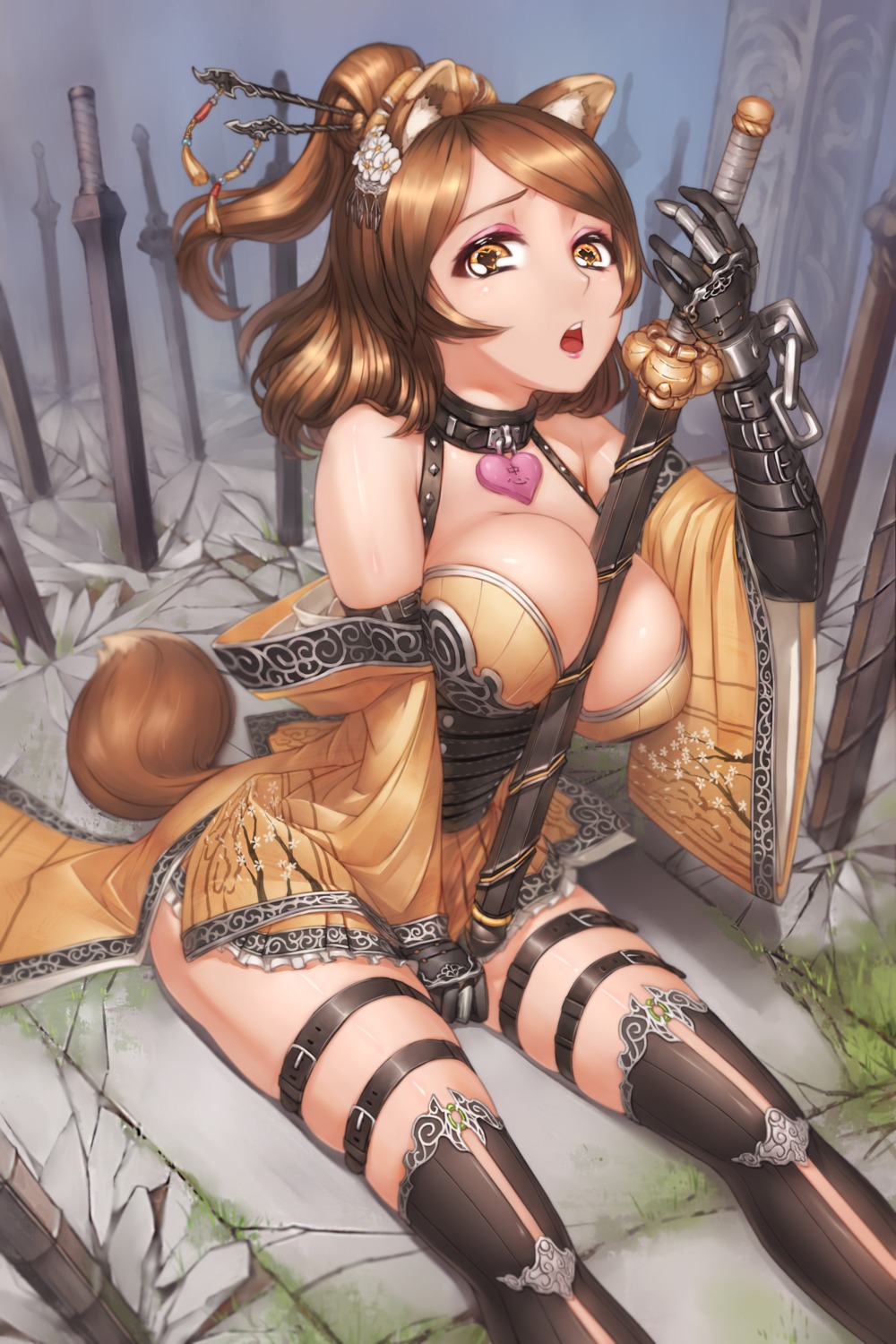 animal_ears, cleavage, garter, romance_sangoku, sword, tail, thighhighs, tojoy_game