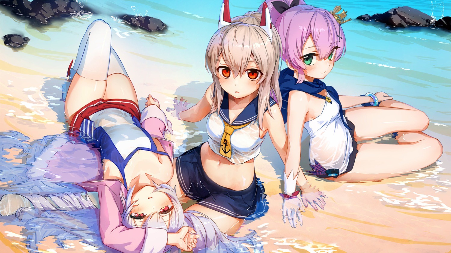 ayanami_(azur_lane), azur_lane, javelin_(azur_lane), laffey_(azur_lane), see_through, seifuku, thighhighs, treeware, wet, wet_clothes
