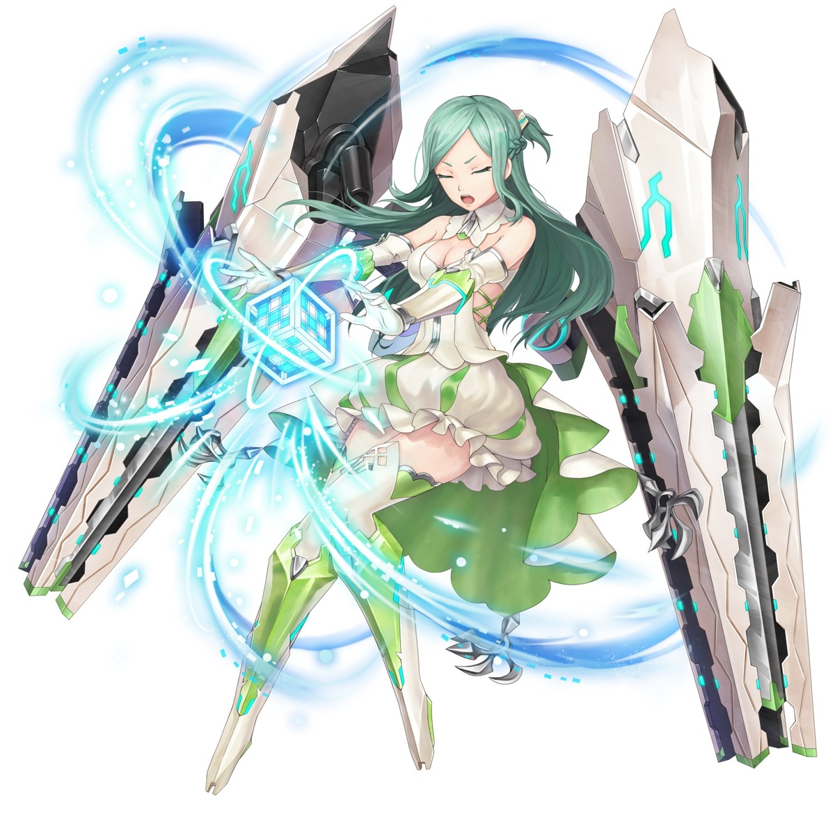 cleavage, layered_stories_zero, thighhighs, weapon