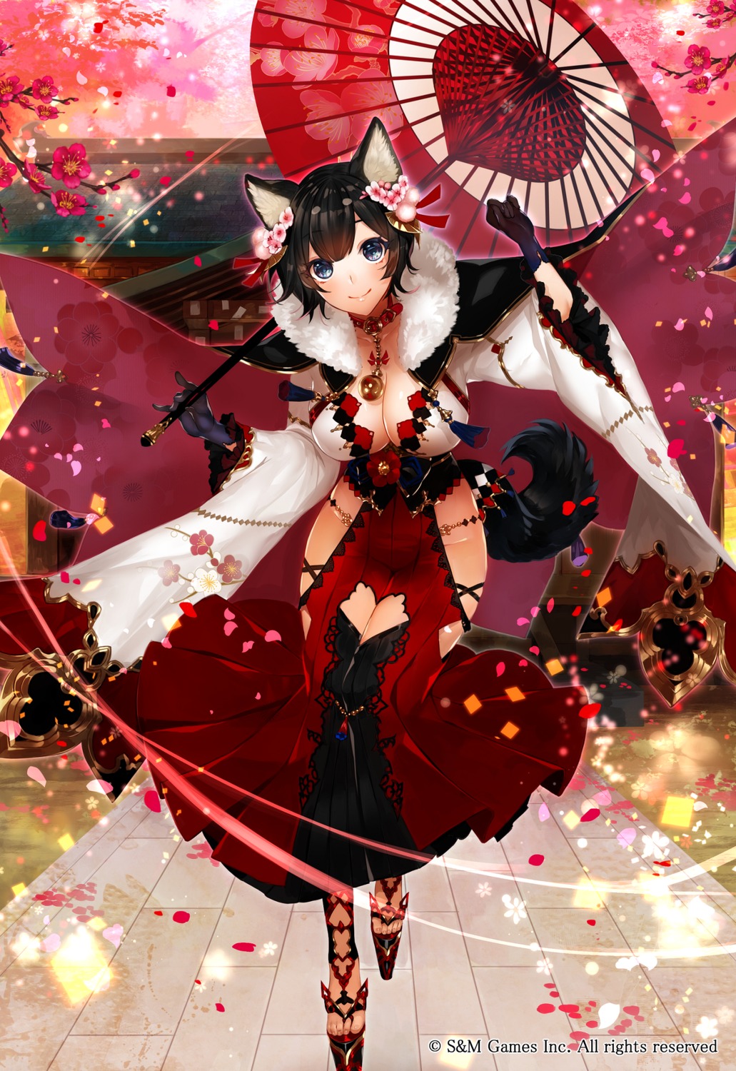 animal_ears, apt, cleavage, gyakushuu_no_fantasica, tail, umbrella