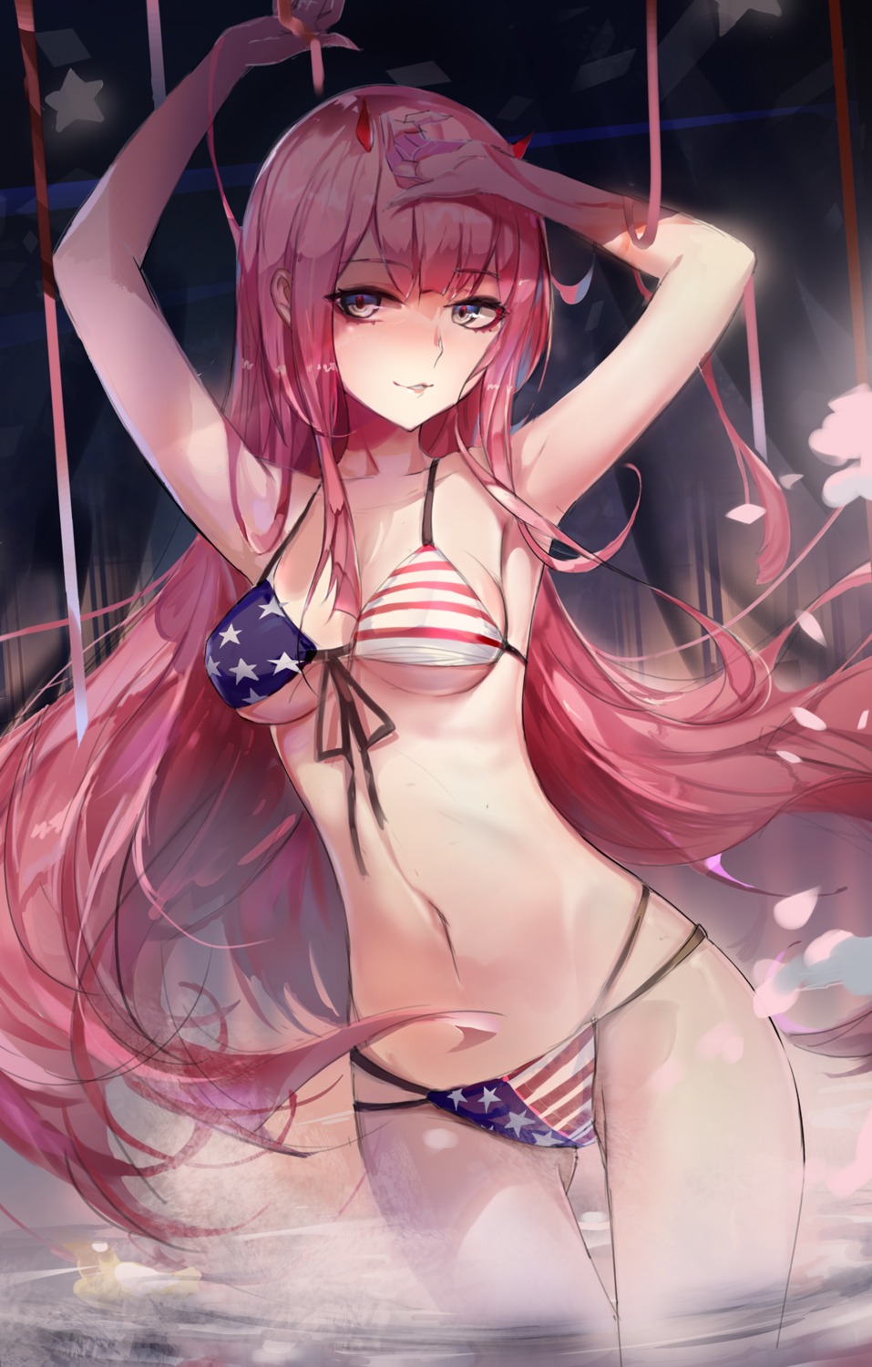 bikini, darling_in_the_franxx, horns, rabbit_(tukenitian), swimsuits, underboob, wet, zero_two_(darling_in_the_franxx)