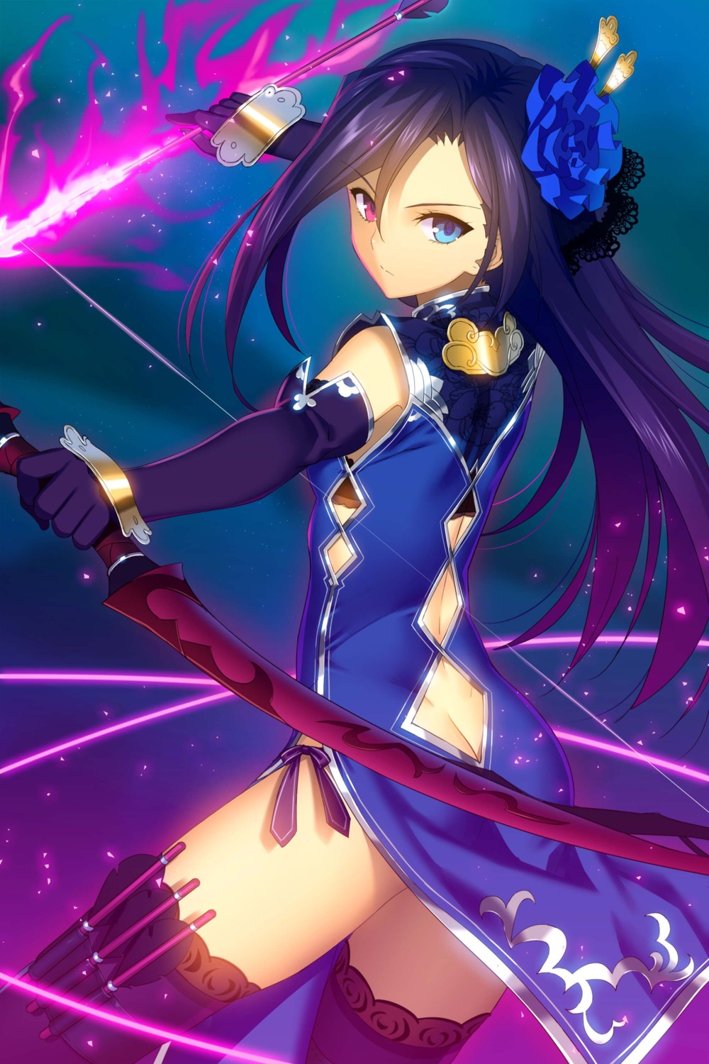 bra, chinadress, heterochromia, romance_sangoku, thighhighs, weapon, yangsion