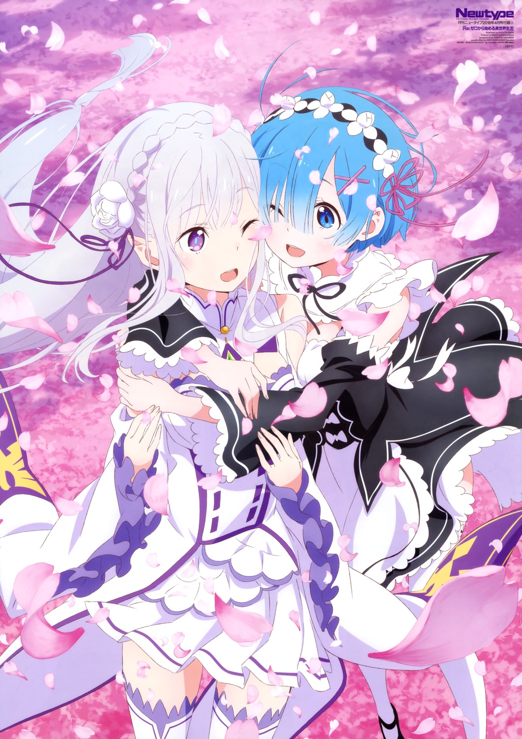elf, emilia_(re_zero), maid, pointy_ears, re:zero_kara_hajimeru_isekai_seikatsu, rem_(re_zero), sakai_kyuuta, skirt_lift, thighhighs