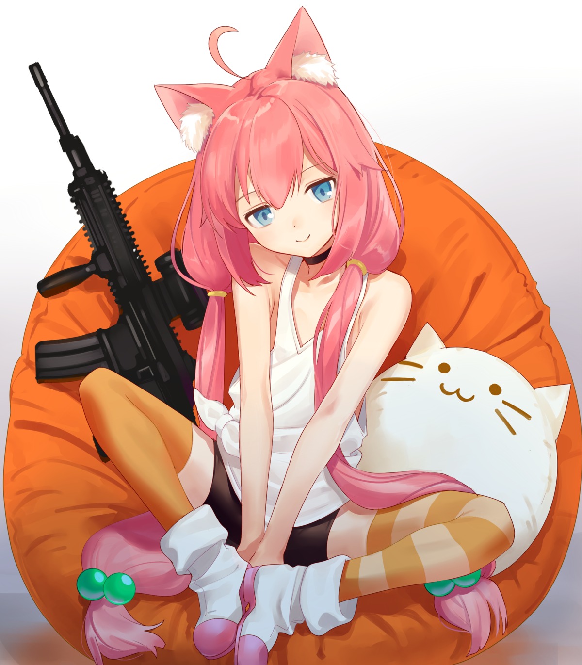 animal_ears, bike_shorts, gun, hinata_channel, nekomiya_hinata, thighhighs, urata_asao