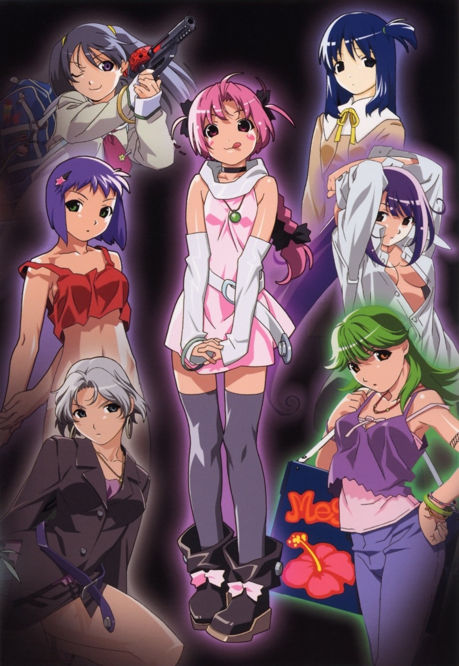 akiba_megumi, cleavage, dress, gun, kirihara_yui, misaki_maya, nakahara_komugi, no_bra, open_shirt, sakurai_asuka, soul_taker, thighhighs, watanabe_akio