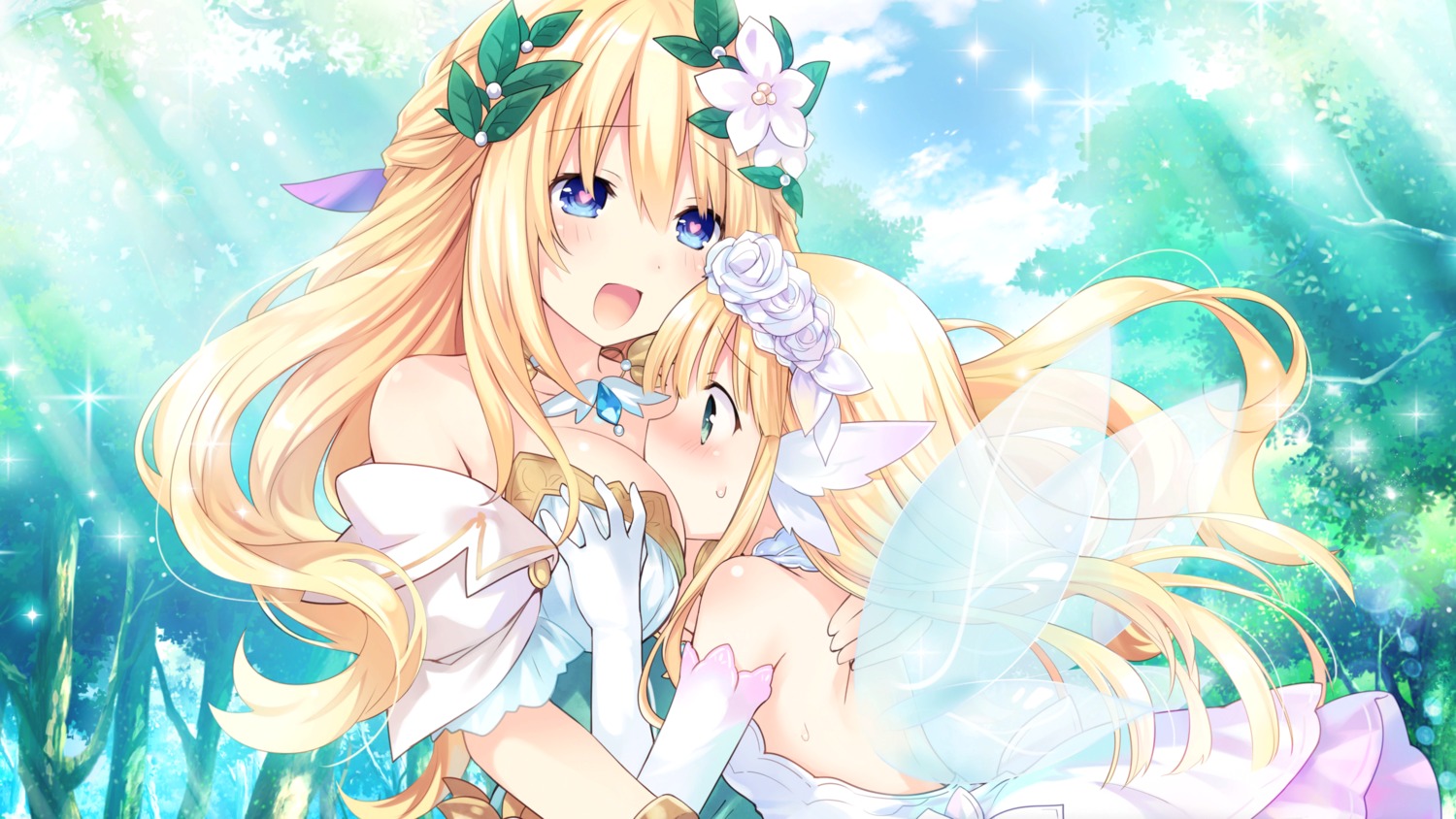 bouquet_(choujigen_game_neptune), breast_hold, choujigen_game_neptune, dress, four_goddesses_online:_cyber_dimension_neptune, game_cg, tsunako, vert, wings, yuri