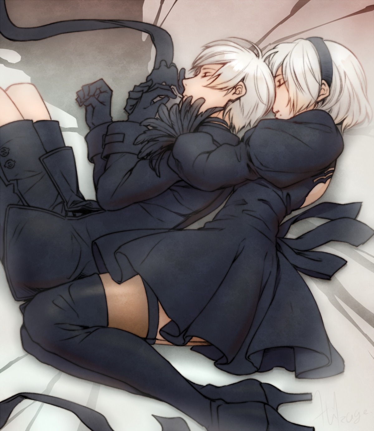 banana_gyuunyuu, dress, heels, nier, nier_automata, thighhighs, yorha_no.2_type_b, yorha_no.9_type_s