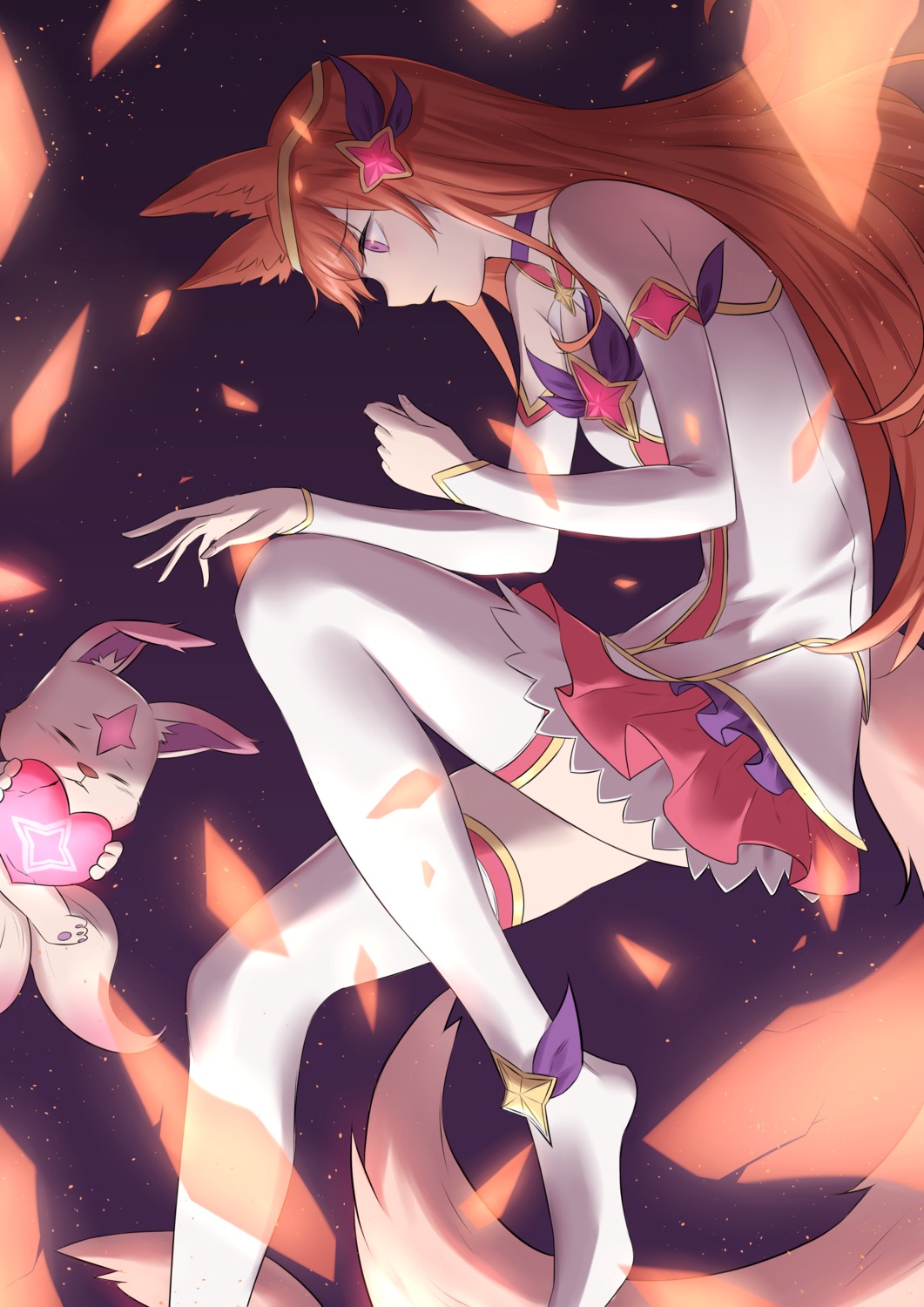 ahri, animal_ears, dress, kiko_(league_of_legends), kitsune, league_of_legends, tail, thighhighs, yunyunzhi