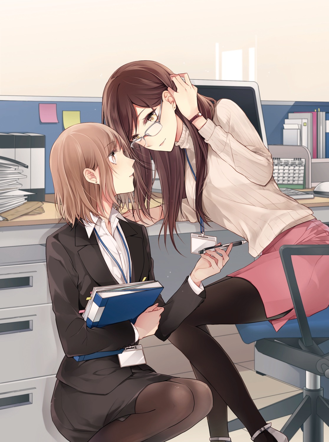 business_suit, haru_(haru2079), megane, pantyhose, sweater, yuri
