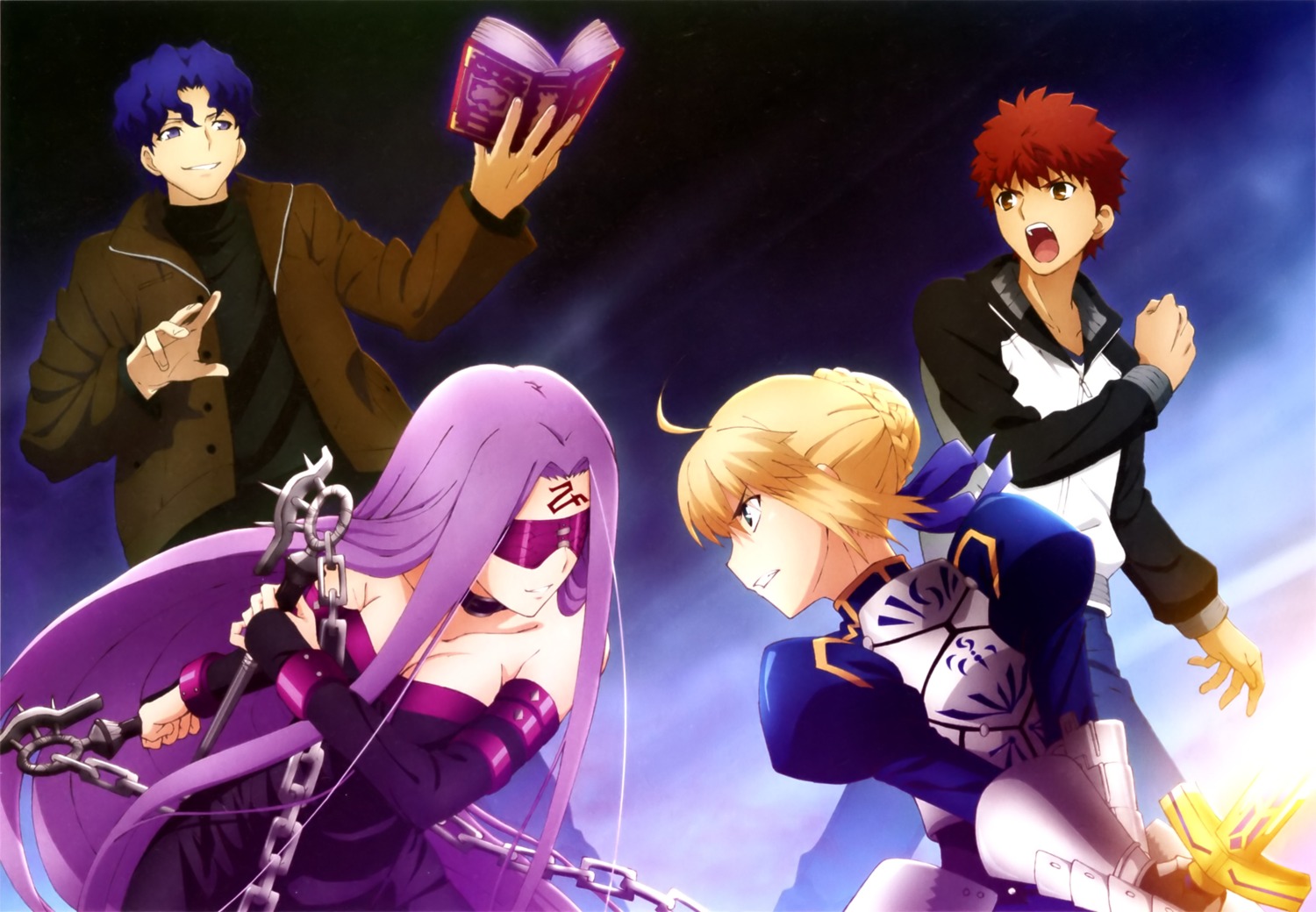armor, artoria_pendragon_(fate), cleavage, dress, emiya_shirou, fate/stay_night, matou_shinji, medusa_(fate)