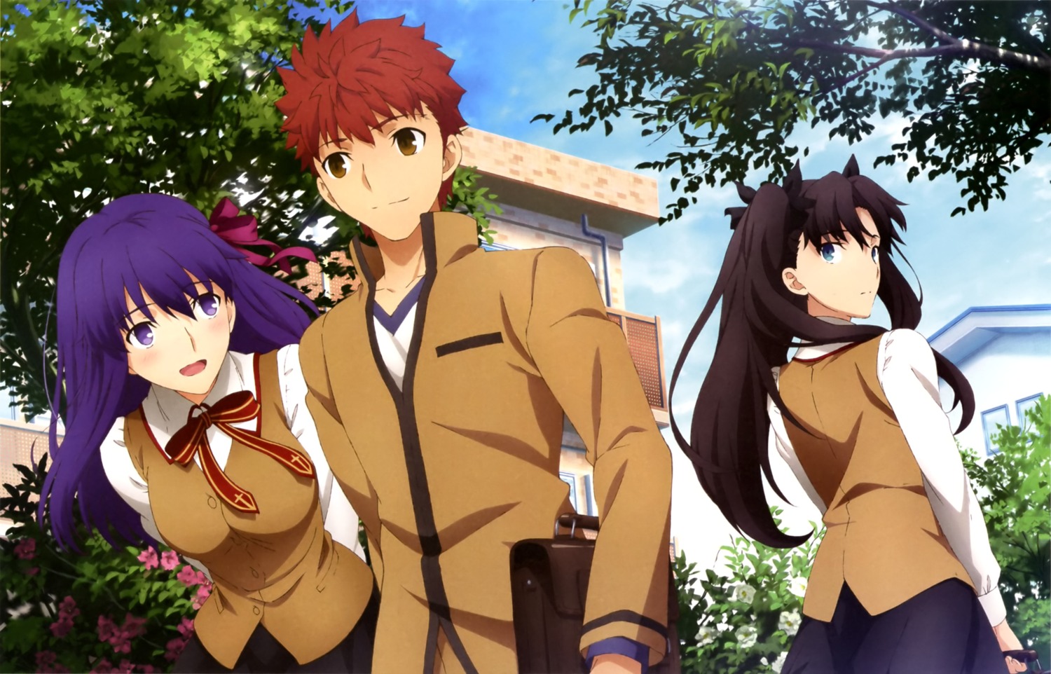 emiya_shirou, fate/stay_night, matou_sakura, satou_tetsuhito, seifuku, toosaka_rin
