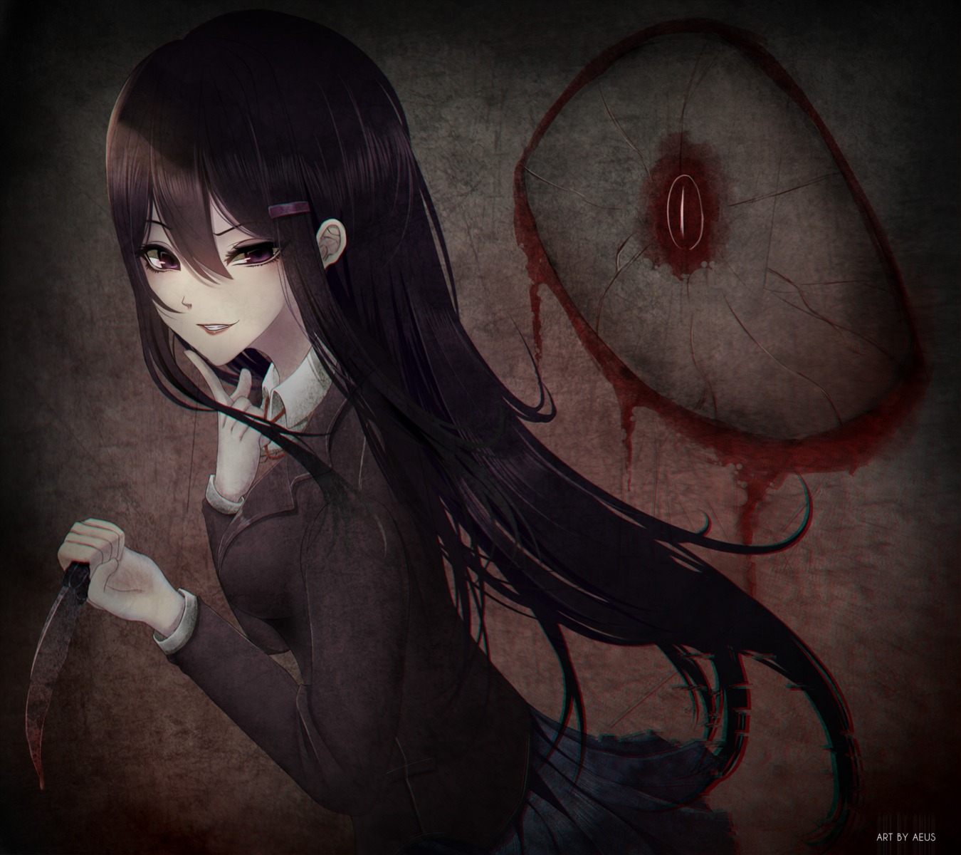 aeus, blood, doki_doki_literature_club!, seifuku, weapon, yuri_(doki_doki_literature_club!)