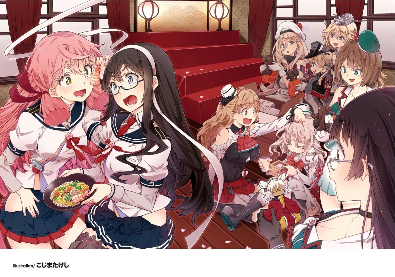 akashi_(kancolle), bismarck_(kancolle), choukai_(kancolle), kantai_collection, kojima_takeshi, maya_(kancolle), megane, ooyodo_(kancolle), pola_(kancolle), prinz_eugen_(kancolle), richelieu_(kancolle), seifuku, thighhighs, uniform, zara_(kancolle)