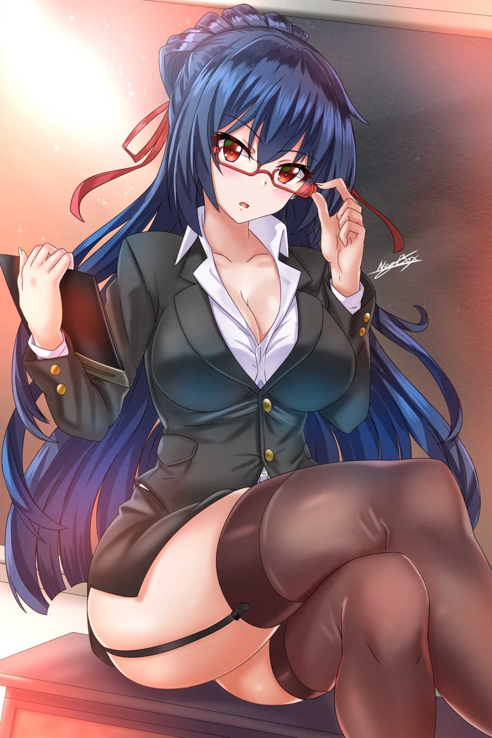 business_suit, cleavage, megane, nez-kun, stockings, thighhighs