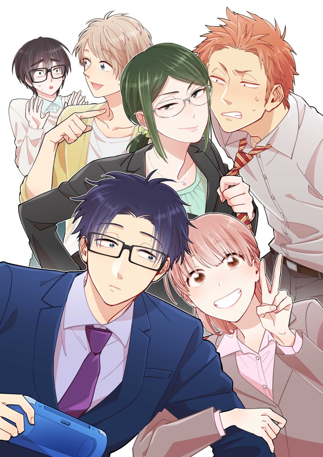 business_suit, fujita_(fjthr), kabakura_tarou, koyanagi_hanako, megane, momose_narumi, nifuji_hirotaka, nifuji_naoya, reverse_trap, sakuragi_kou, wotaku_ni_koi_wa_muzukashii