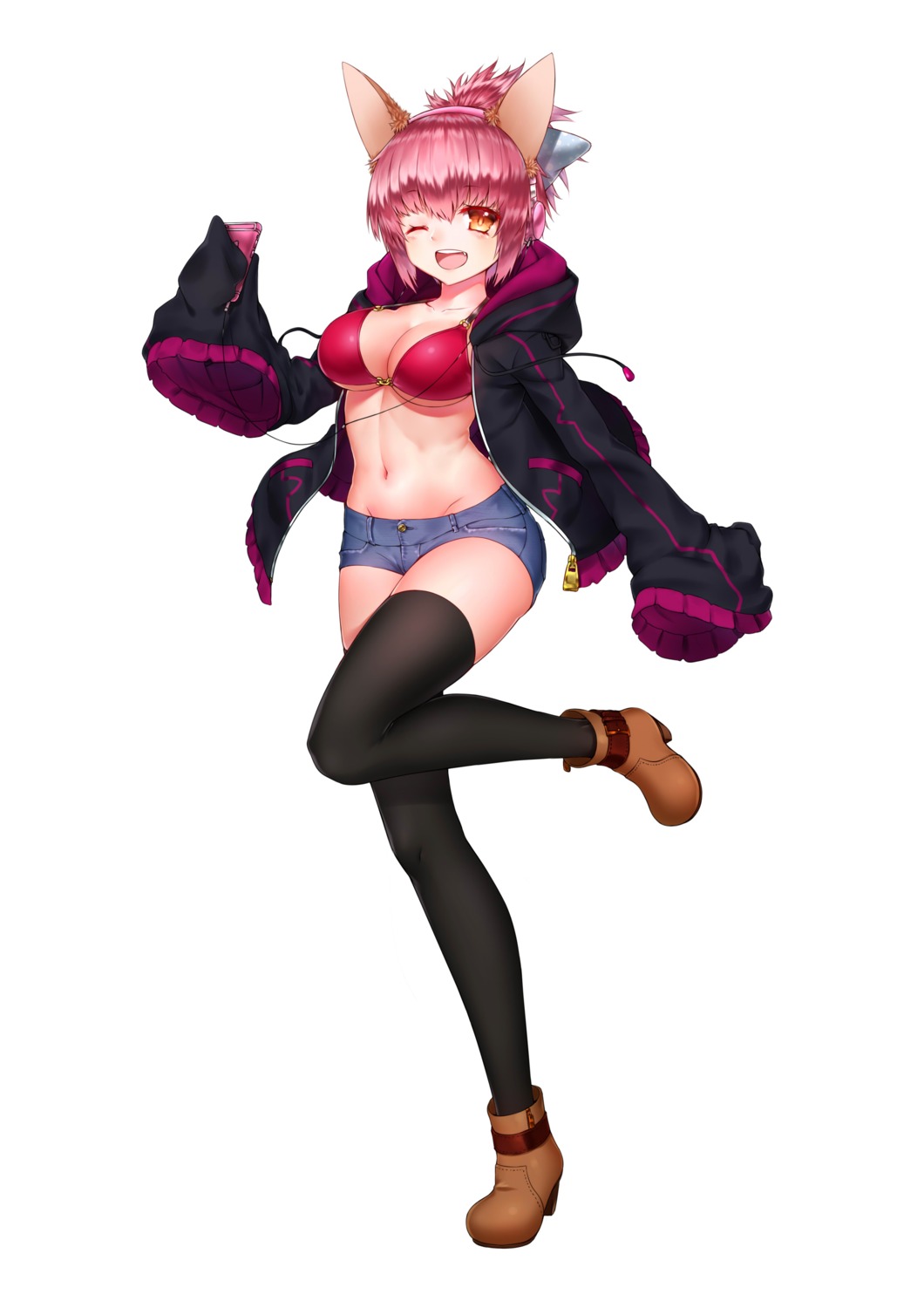 animal_ears, bikini_top, cleavage, headphones, heels, kai_(pixiv12466647), open_shirt, swimsuits