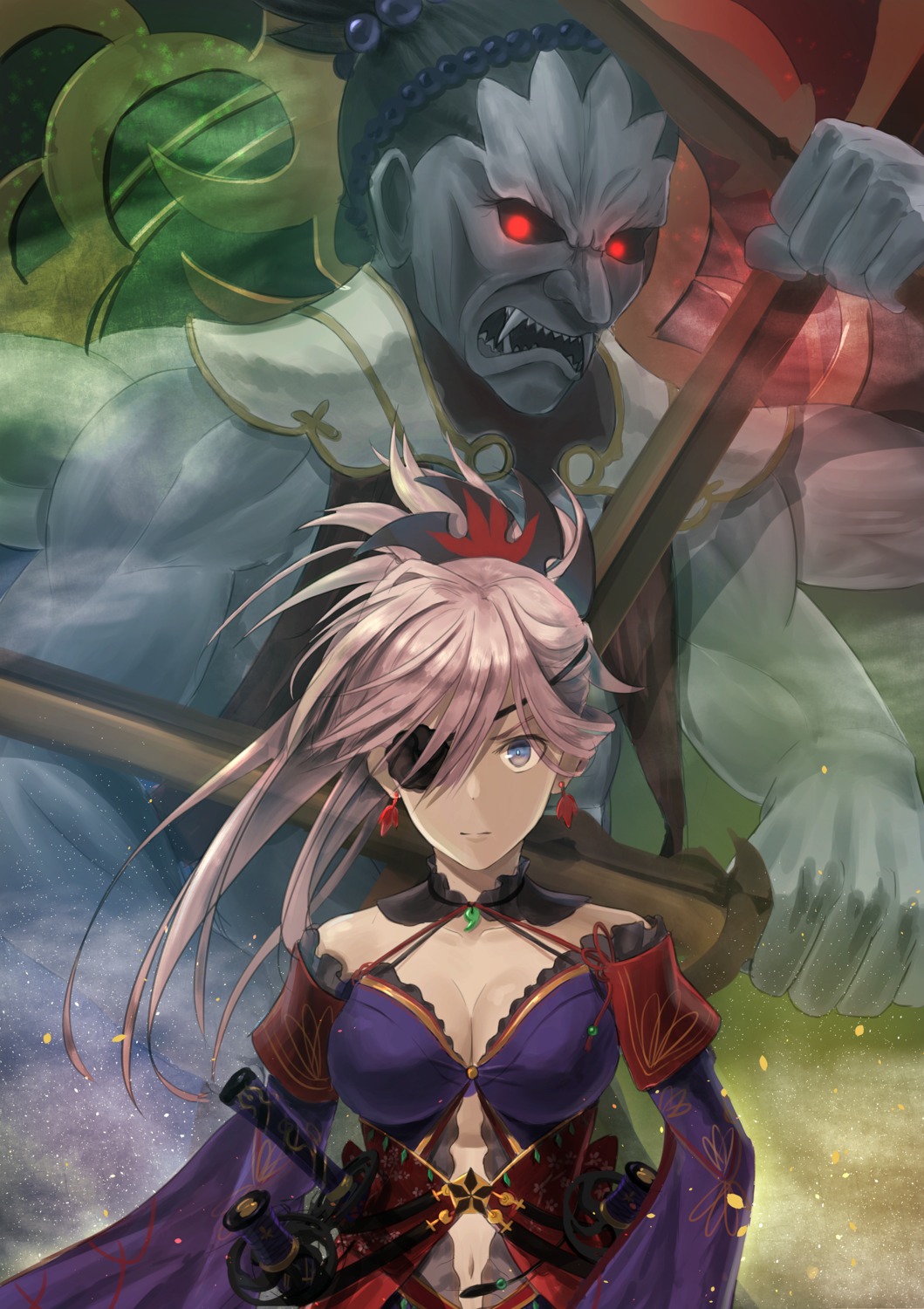cleavage, eyepatch, fate/grand_order, japanese_clothes, miyamoto_musashi_(fate), sword, tararelux