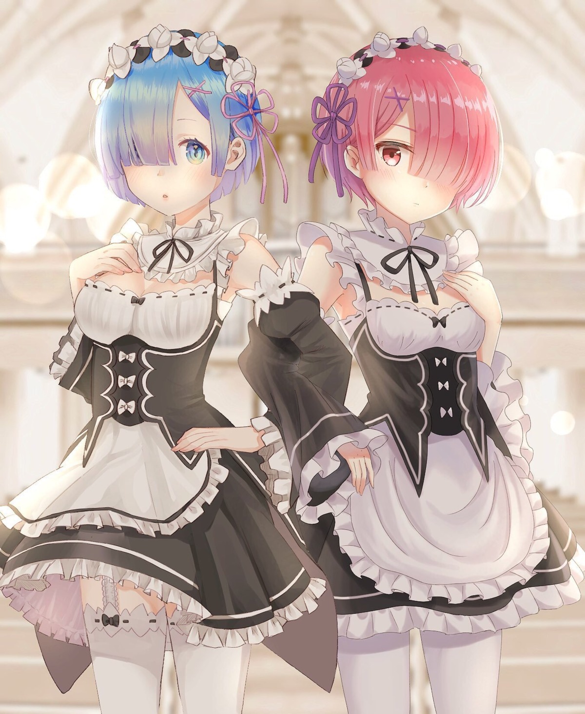 cleavage, garter, kichi, maid, pantyhose, ram_(re_zero), re:zero_kara_hajimeru_isekai_seikatsu, rem_(re_zero), stockings, thighhighs