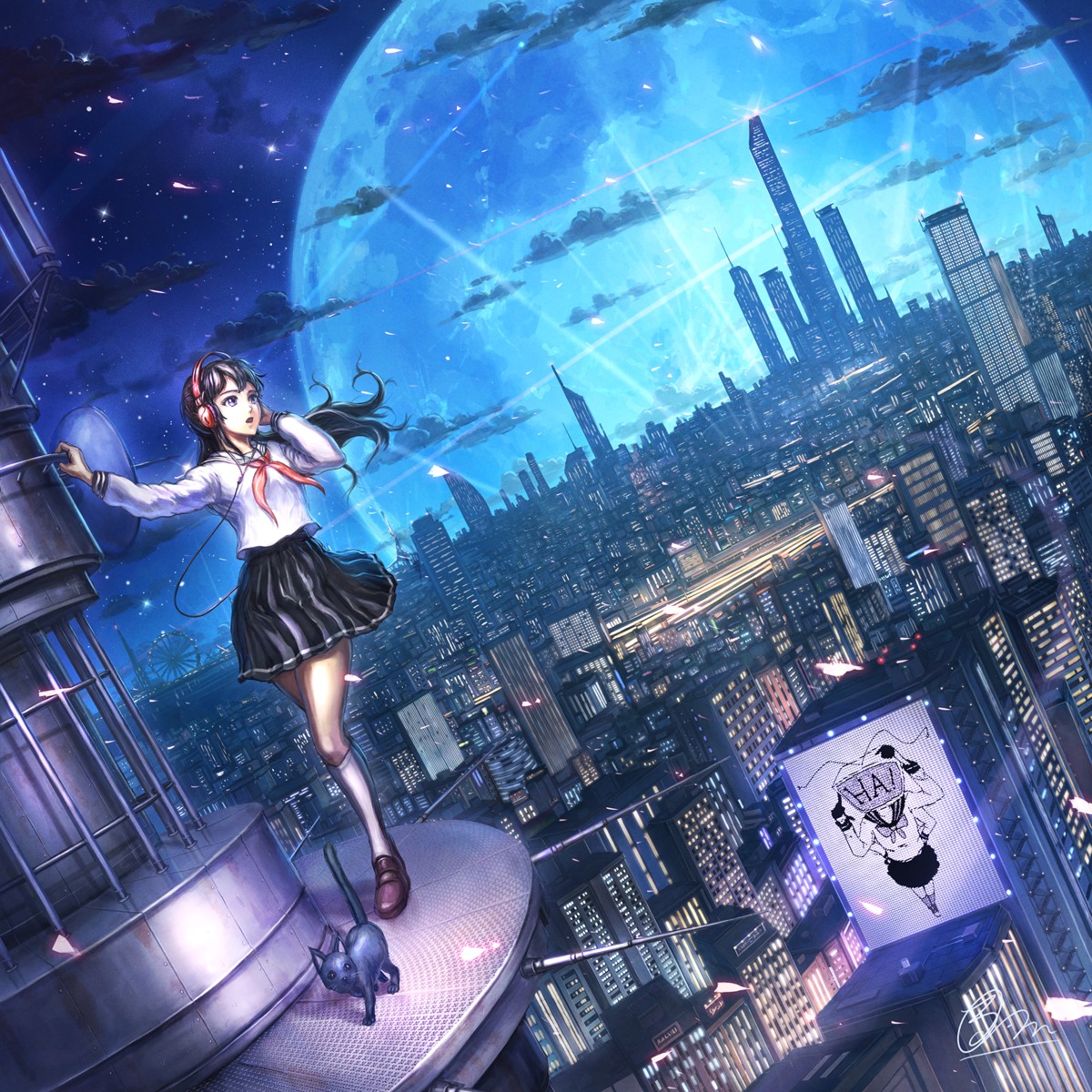 disc_cover, headphones, landscape, neko, seifuku, shiki_makoto