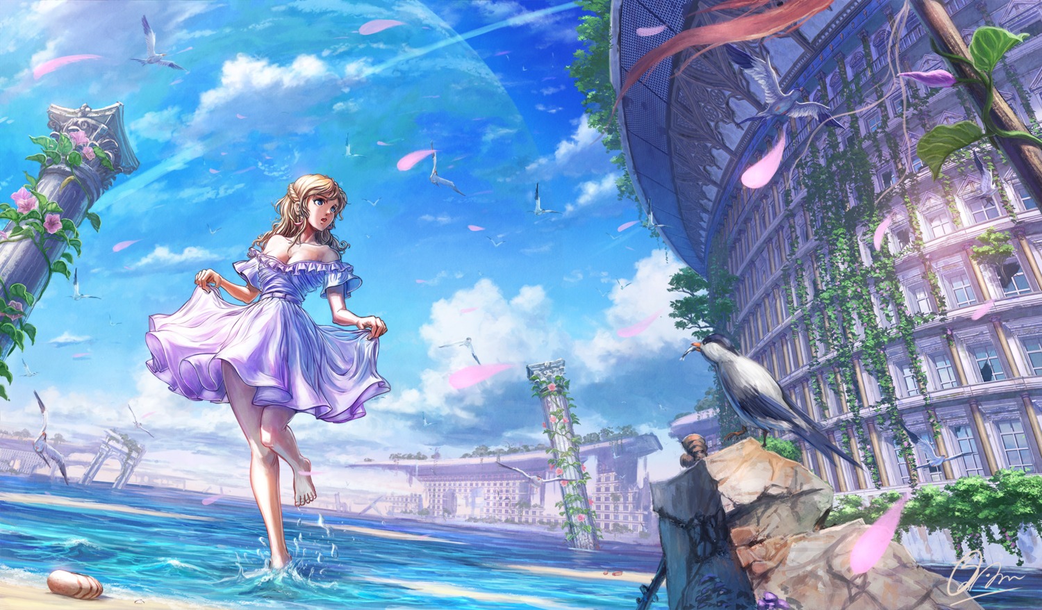 cleavage, dress, landscape, shiki_makoto, skirt_lift, wet