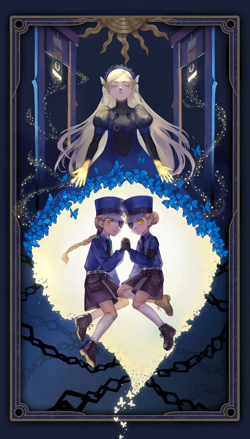 caroline_(persona_5), eyepatch, hekaptah, justine_(persona_5), lavenza, persona_5, police_uniform