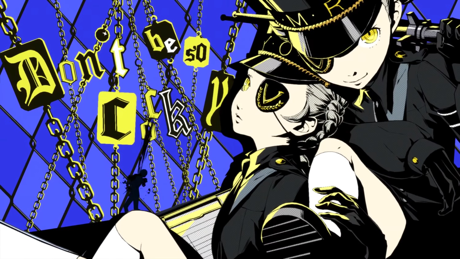 caroline_(persona_5), eyepatch, justine_(persona_5), persona_5, soejima_shigenori, uniform, wallpaper