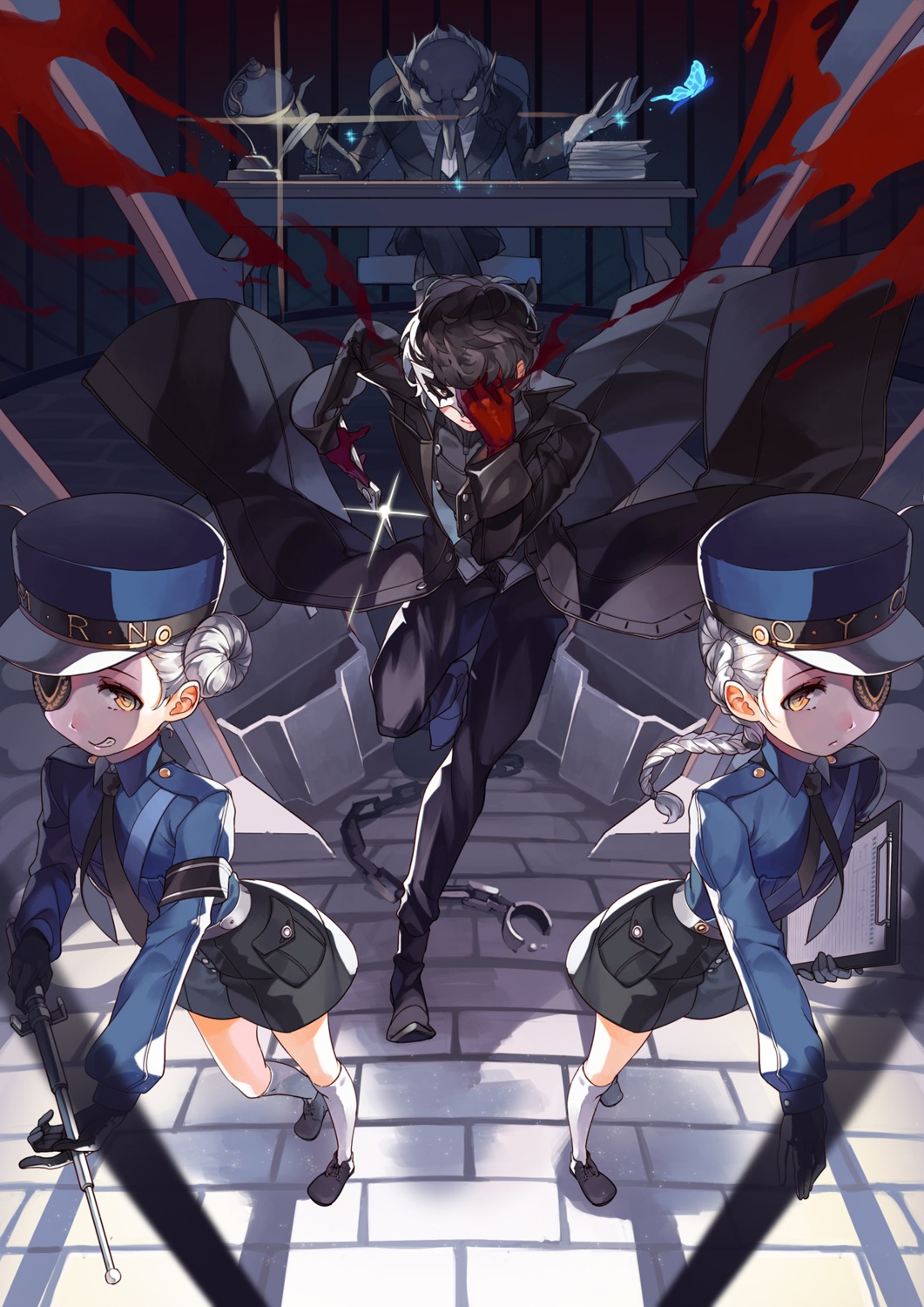 amamiya_ren, business_suit, caroline_(persona_5), eyepatch, igor, justine_(persona_5), persona_5, police_uniform, selenoring, weapon