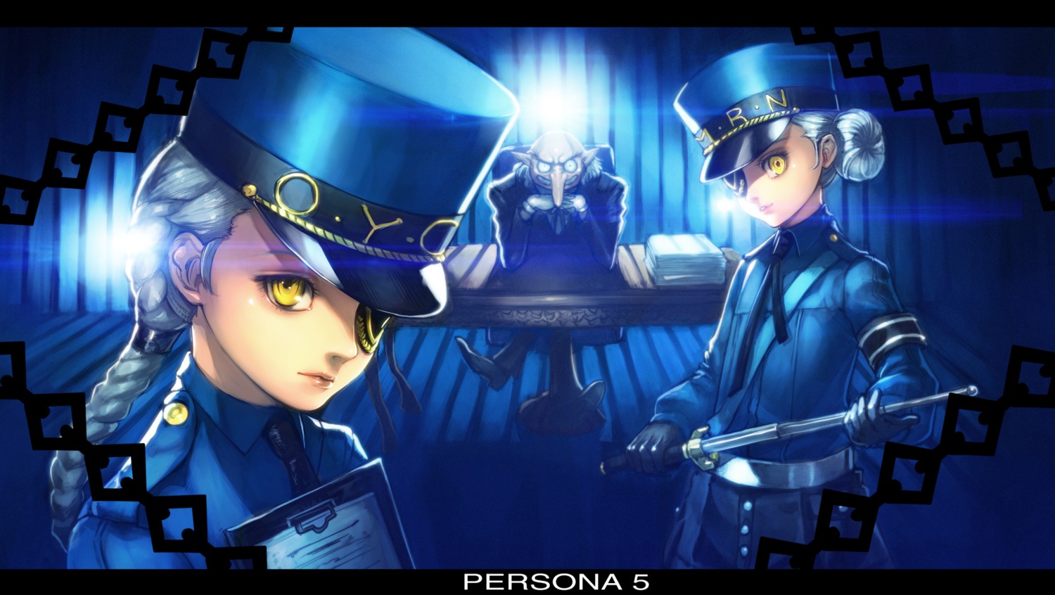 boyaking, business_suit, caroline_(persona_5), eyepatch, igor, justine_(persona_5), persona_5, police_uniform