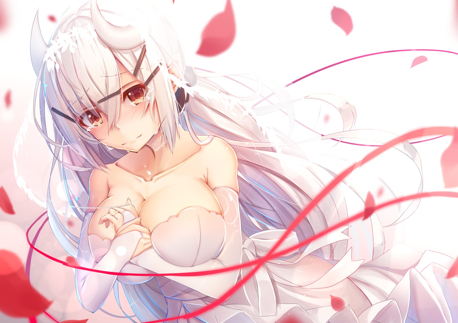 breast_hold, cleavage, dress, horns, tatapopo, wedding_dress
