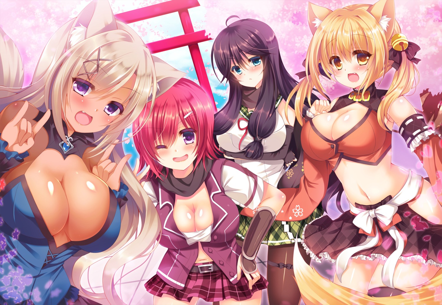 animal_ears, breast_hold, cleavage, open_shirt, pantyhose, sakura_spirit, sarashi, seifuku
