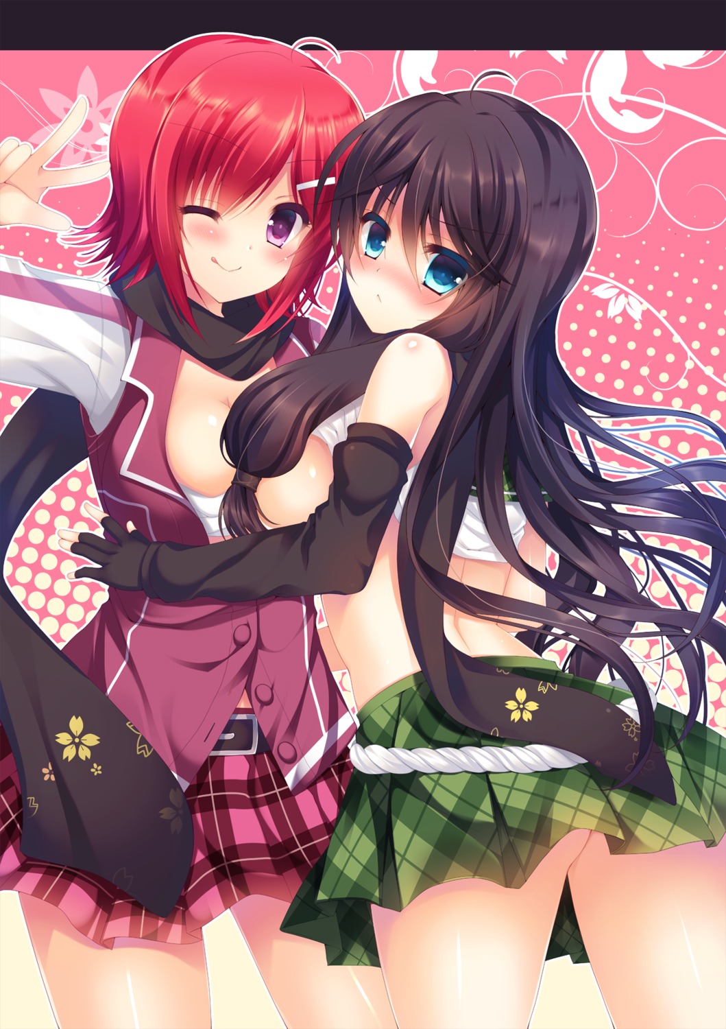 cleavage, no_bra, open_shirt, sakura_spirit, sarashi, seifuku, shirt_lift, suzunone_rena