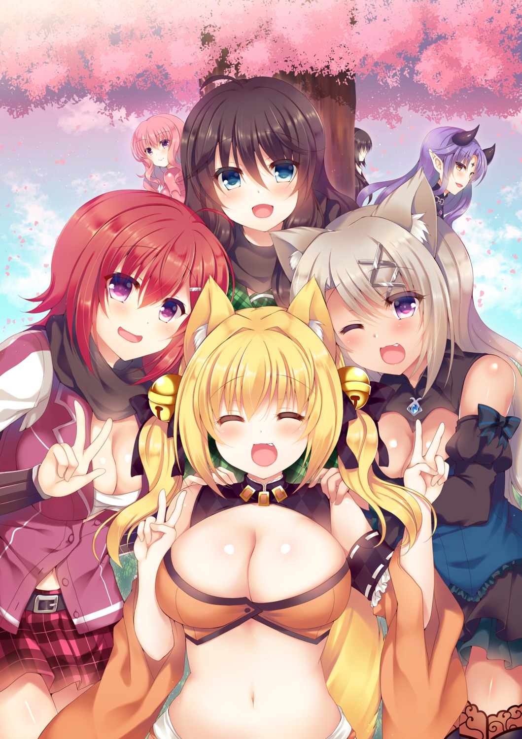animal_ears, cleavage, horns, open_shirt, pointy_ears, sakura_spirit, sarashi, suzunone_rena