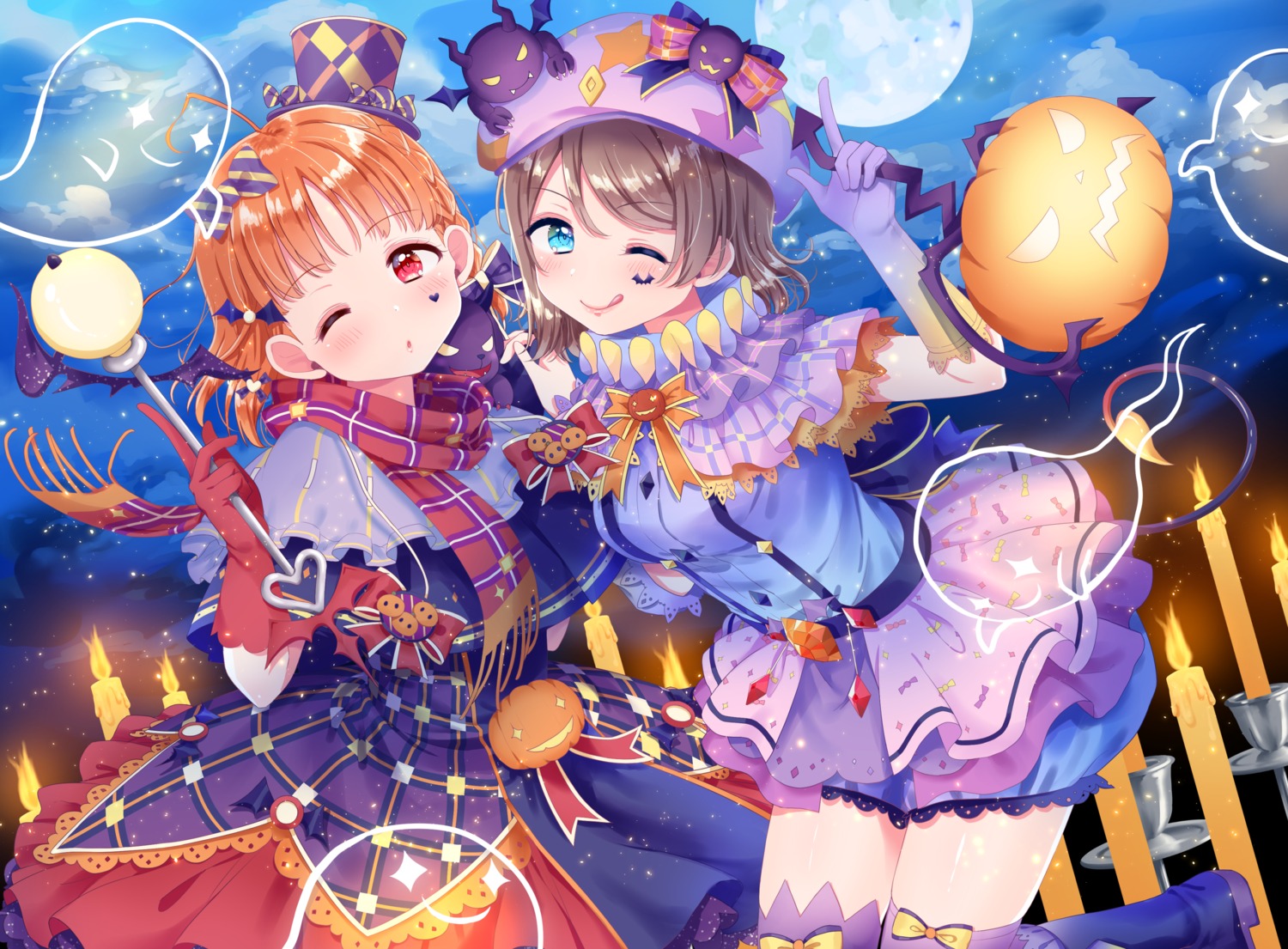 dress, halloween, hina_(hinalovesugita), love_live!_(series), love_live!_sunshine!!, tail, takami_chika, thighhighs, watanabe_you