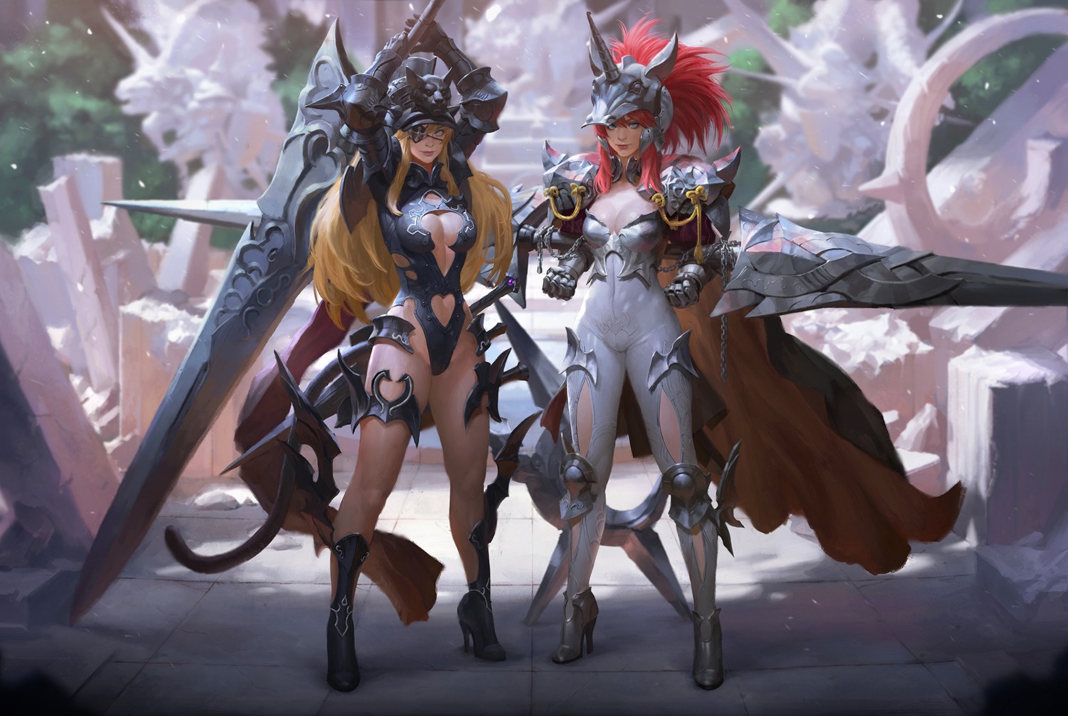 armor, cleavage, eyepatch, heels, kilart, leotard, no_bra, sword