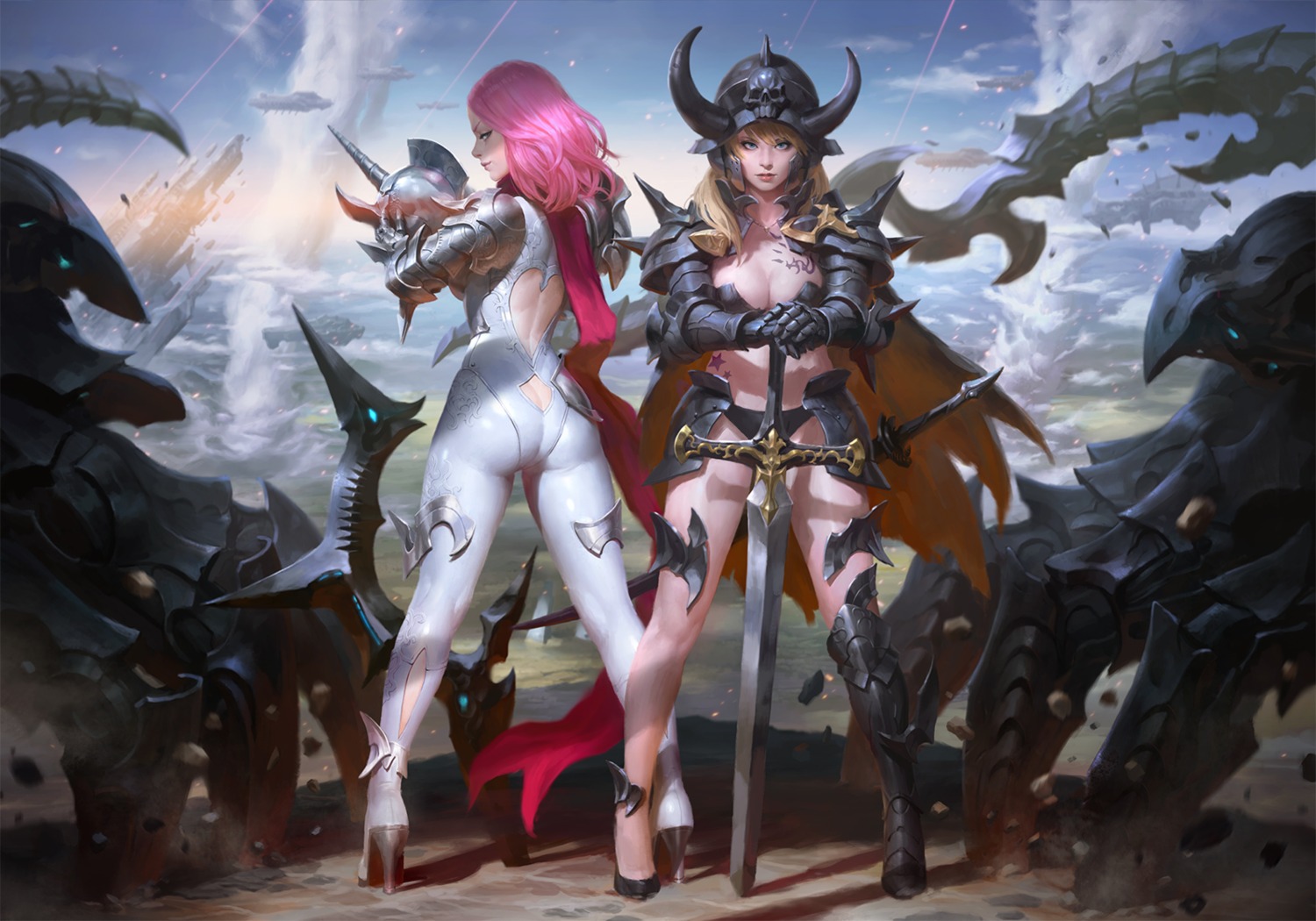 armor, ass, bikini_armor, cleavage, heels, kilart, sword, tattoo, weapon