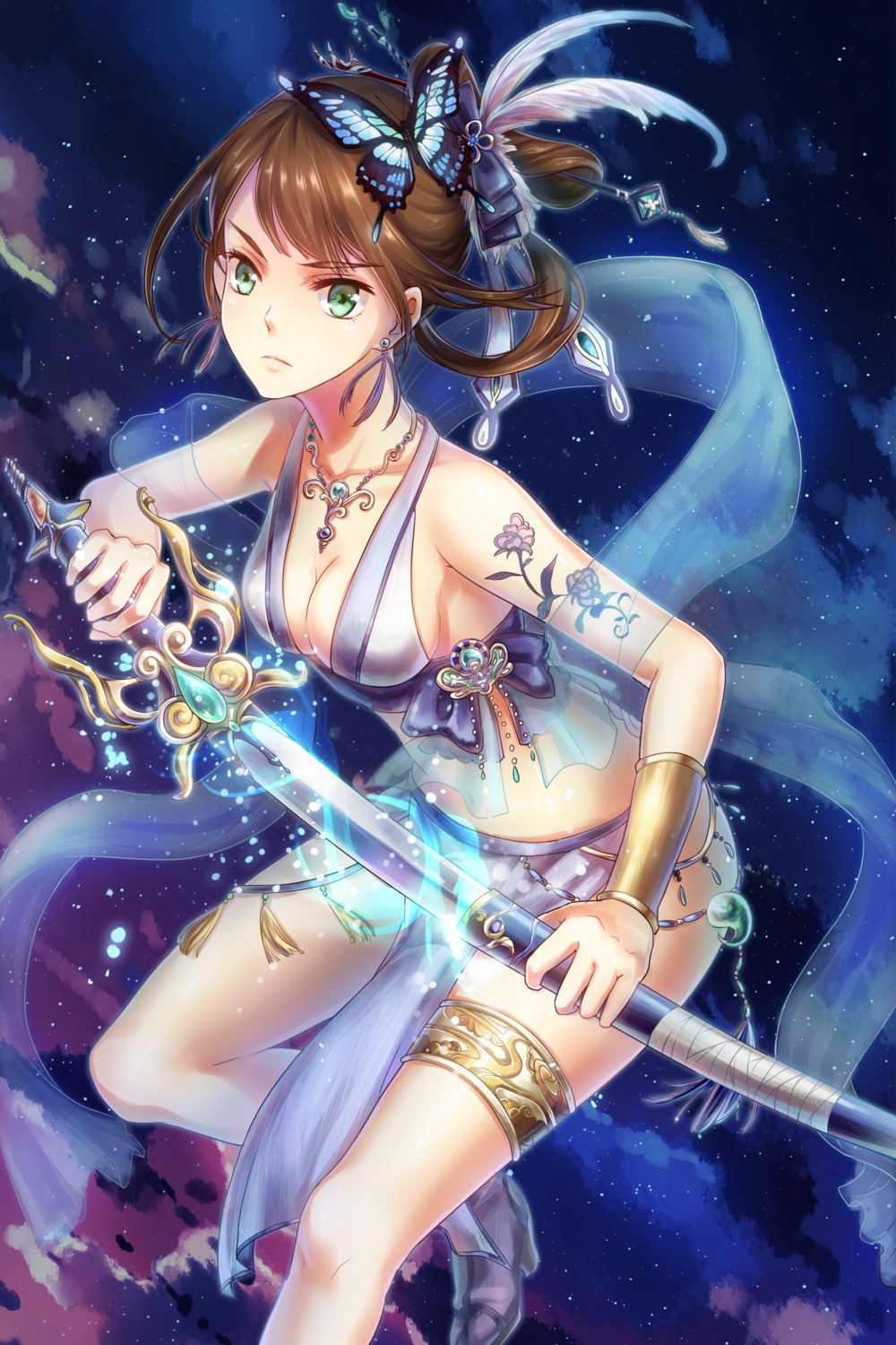 cleavage, garter, romance_sangoku, sword, tattoo, tojoy_game
