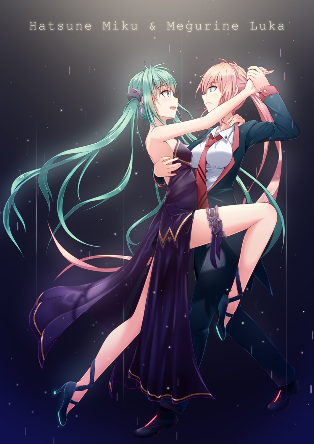 business_suit, crossdress, dress, garter, geduan, hatsune_miku, heels, megurine_luka