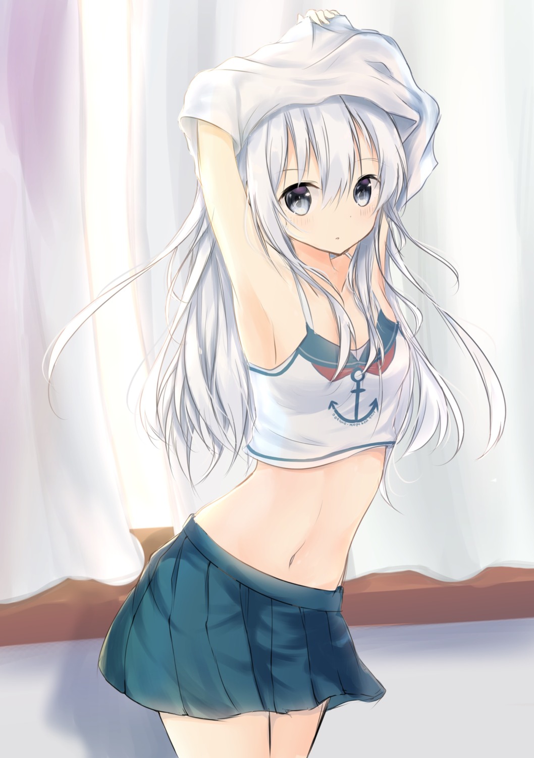 hibiki_(kancolle), kantai_collection, lingerie, seifuku, shirt_lift, uzuki_tsukuyo