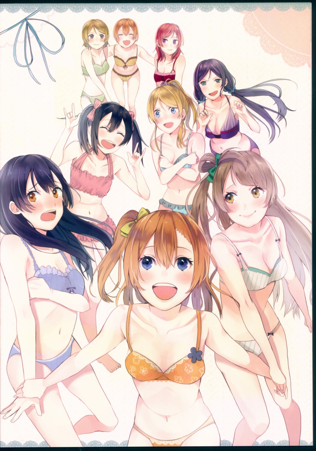 ayase_eli, br, bra, breast_hold, cleavage, hoshizora_rin, koizumi_hanayo, kousaka_honoka, love_live!, love_live!_(series), minami_kotori, nishikino_maki, pantsu, sonoda_umi, toujou_nozomi, yazawa_nico