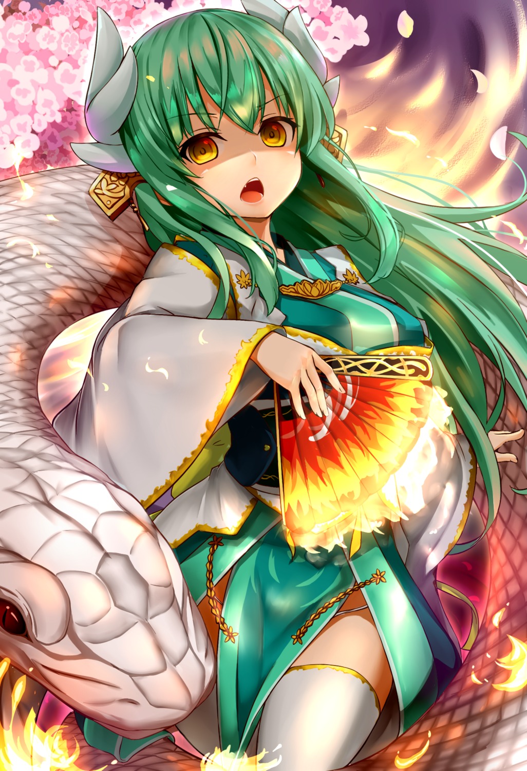 fate/grand_order, horns, japanese_clothes, kiyohime_(fate), shiron, thighhighs