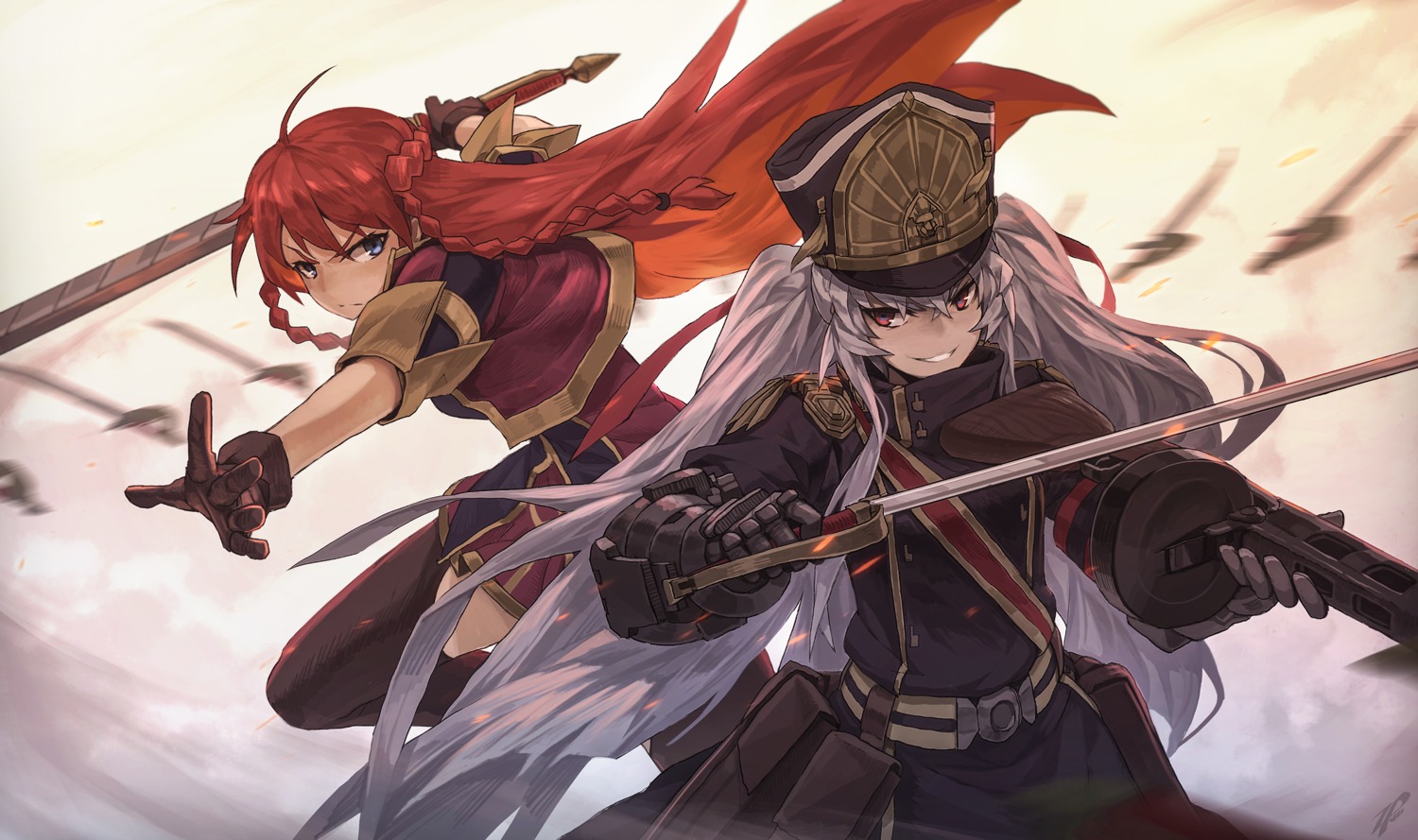 altair_(re:creators), gun, re:creators, selestia_yupitiria, sword, uniform