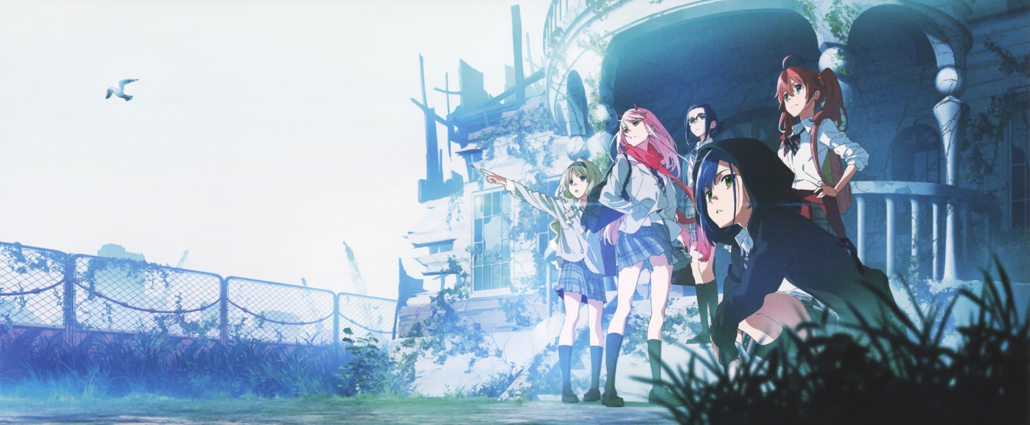 darling_in_the_franxx, disc_cover, ichigo_(darling_in_the_franxx), ikuno_(darling_in_the_franxx), kokoro_(darling_in_the_franxx), megane, miku_(darling_in_the_franxx), seifuku, yoneyama_mai, zero_two_(darling_in_the_franxx)