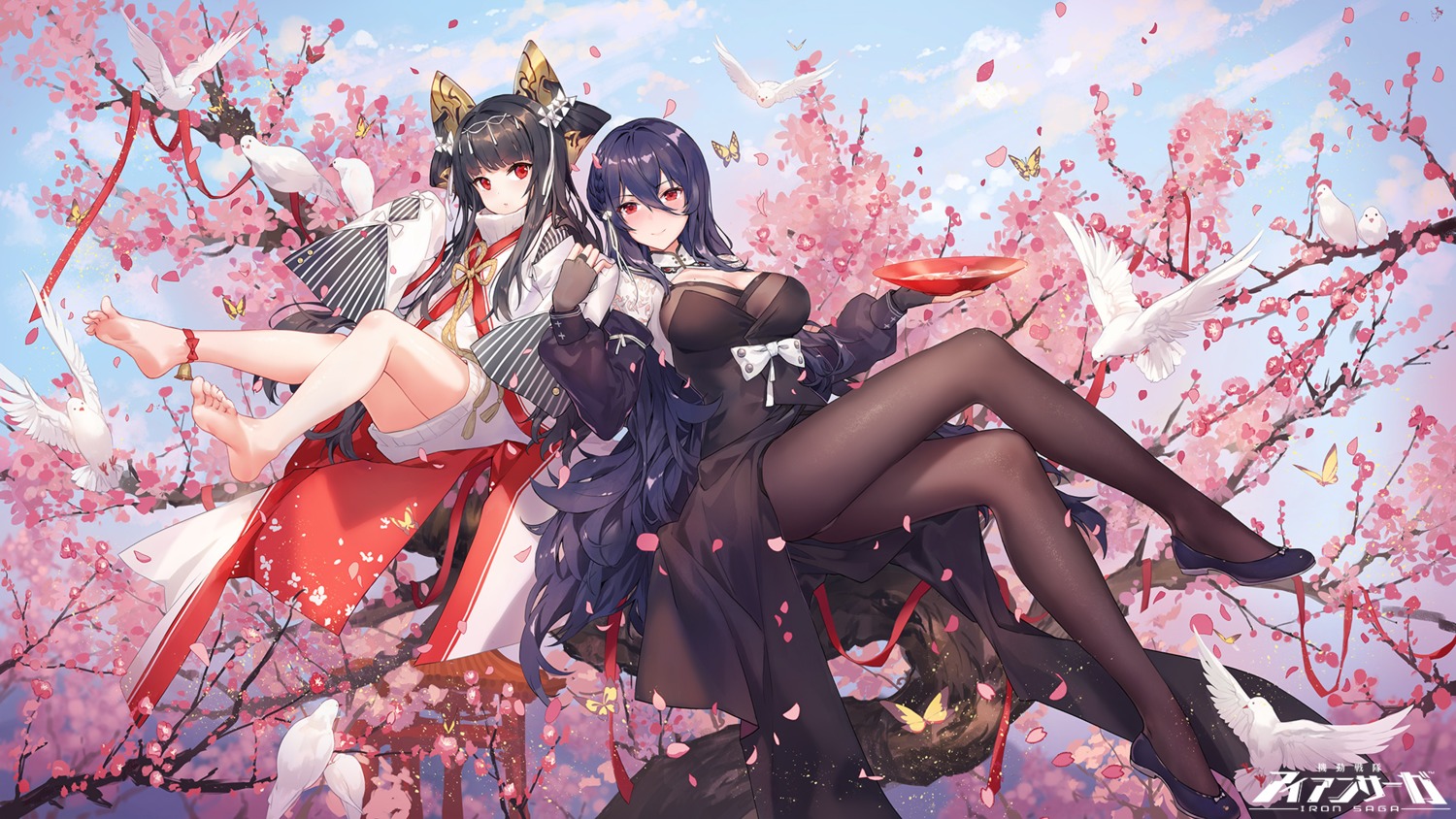 cleavage, criin, dress, feet, japanese_clothes, kidou_sentai_iron_saga, mutsuki_(iron_saga), oboro_(iron_saga), pantyhose