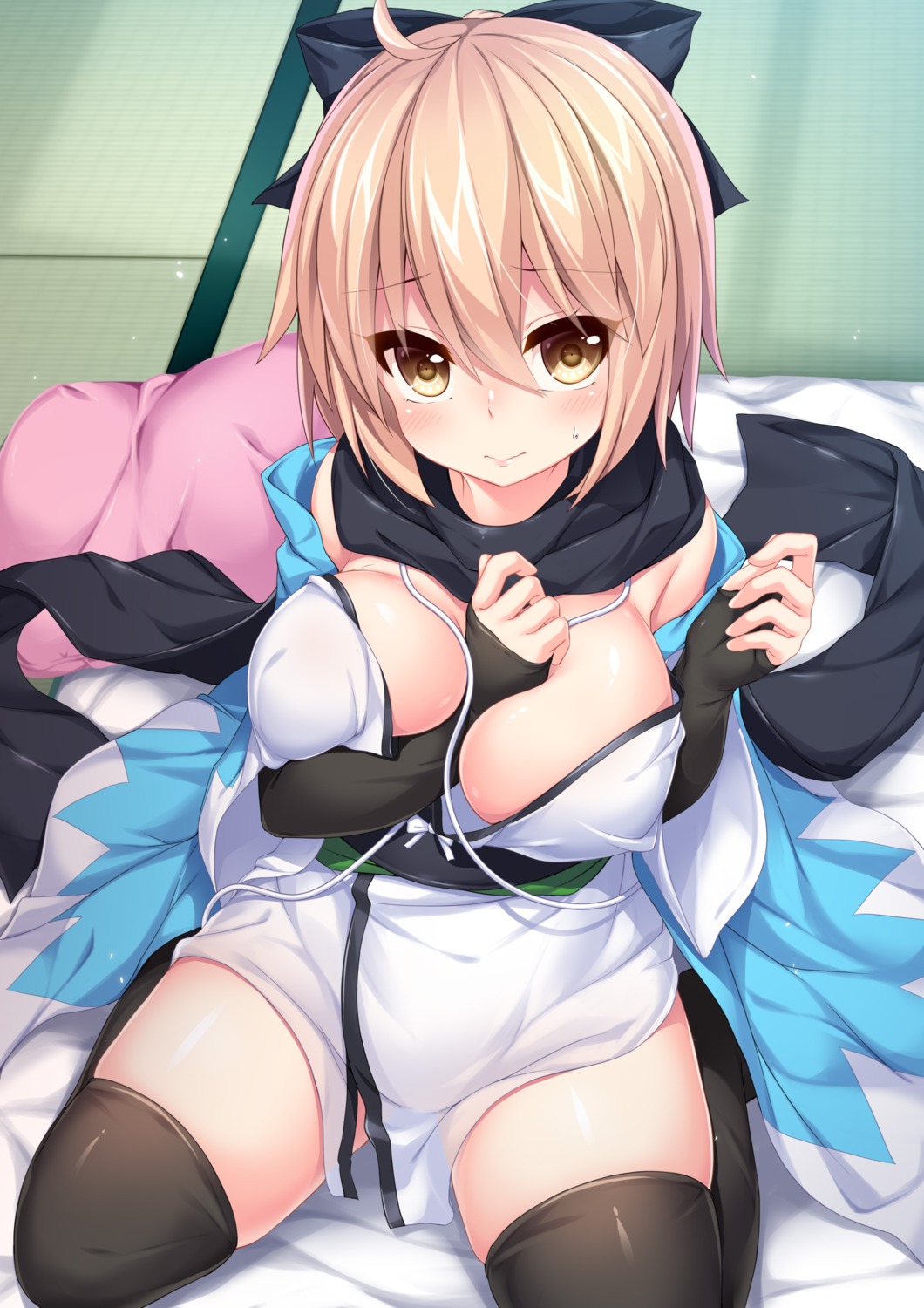 breast_hold, cleavage, fate/grand_order, no_bra, okita_souji_(fate), open_shirt, thighhighs, wakagi_repa
