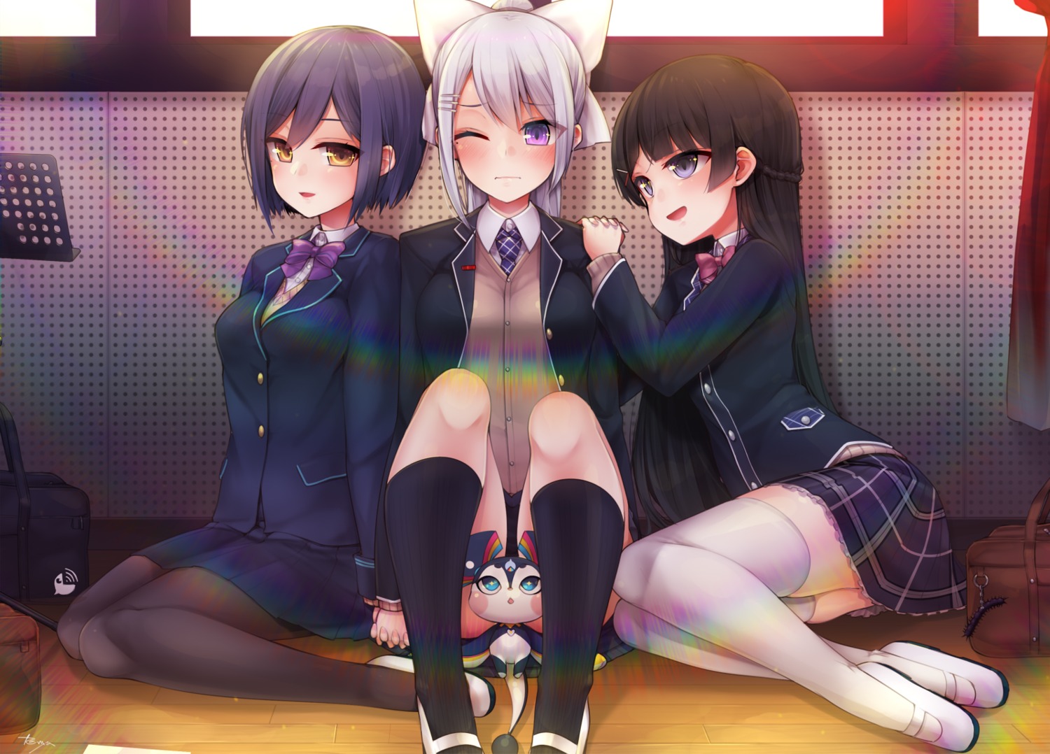 higuchi_kaede, nijisanji, pantyhose, seifuku, shizuka_rin, sweater, tanyatonya, thighhighs, tsukino_mito